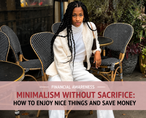 Woman in a white outfit sitting at a café patio, representing minimalism and mindful spending while enjoying a comfortable lifestyle.