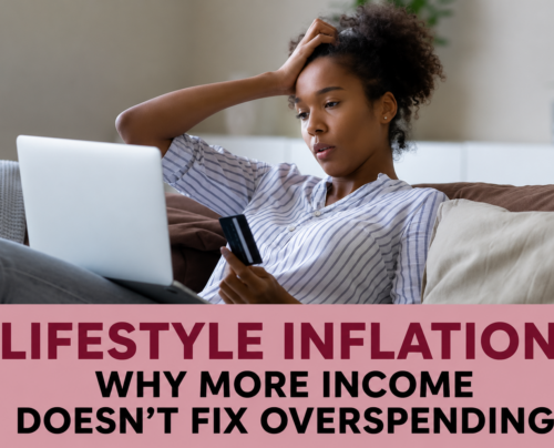 Woman sitting on a couch with a laptop and credit card, looking concerned about spending and lifestyle inflation.