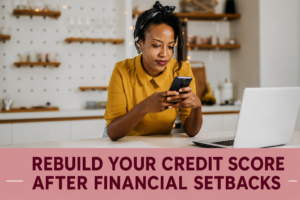 Woman checking her phone beside a laptop, illustrating rebuilding a credit score after financial setbacks.