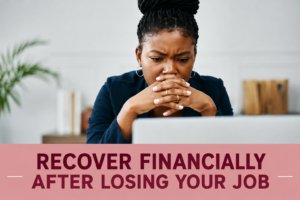 Worried woman looking at a laptop, illustrating financial recovery after losing a job.